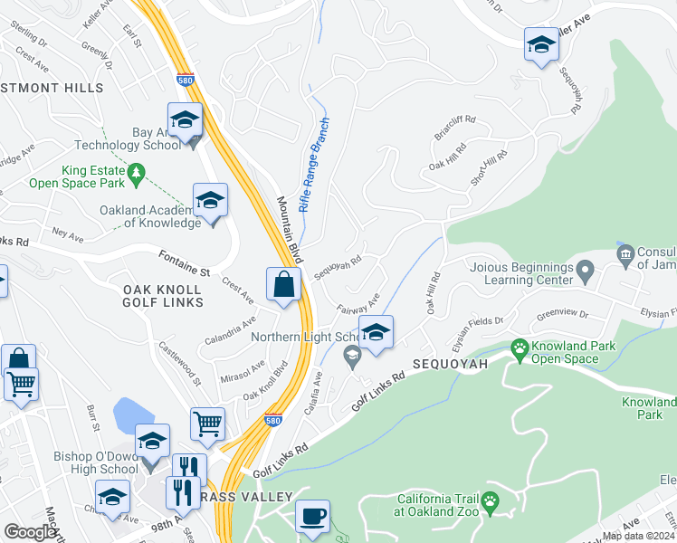 map of restaurants, bars, coffee shops, grocery stores, and more near 3828 Sequoyah Road in Oakland