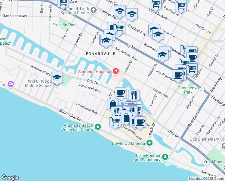 map of restaurants, bars, coffee shops, grocery stores, and more near Otis Dr & Willow St in Alameda