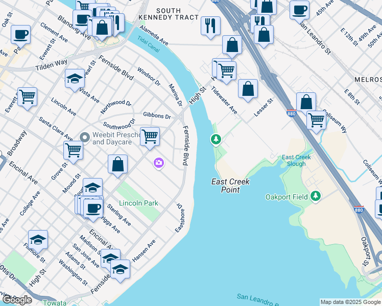 map of restaurants, bars, coffee shops, grocery stores, and more near 3305 Fernside Boulevard in Alameda