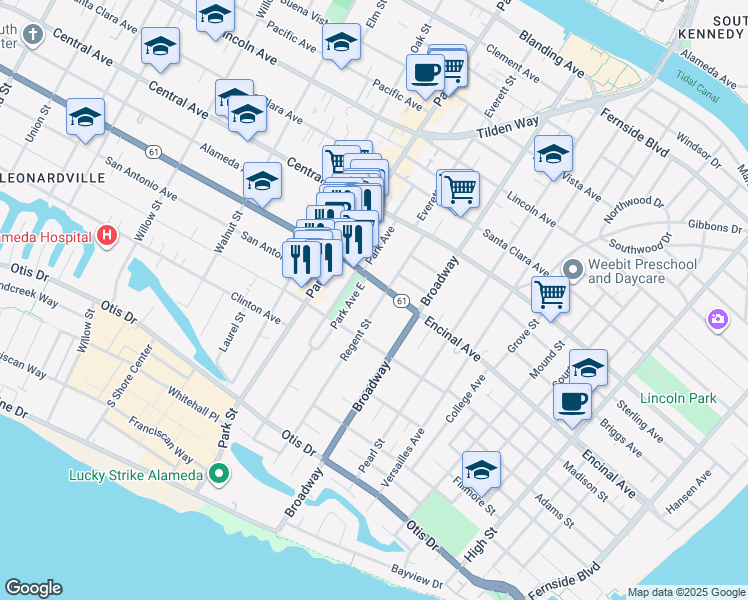 map of restaurants, bars, coffee shops, grocery stores, and more near 1247 Regent Street in Alameda