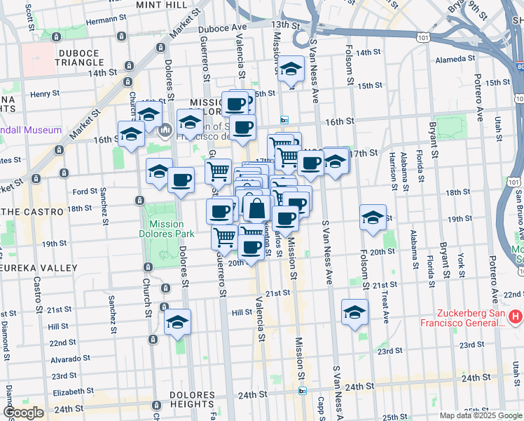 map of restaurants, bars, coffee shops, grocery stores, and more near 144 Lexington Street in San Francisco