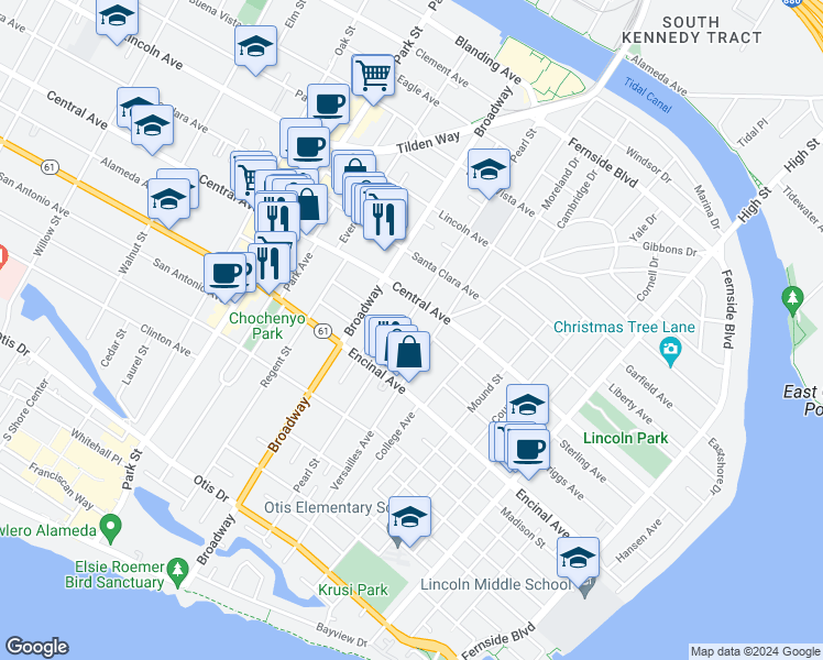 map of restaurants, bars, coffee shops, grocery stores, and more near 1354 Pearl Street in Alameda
