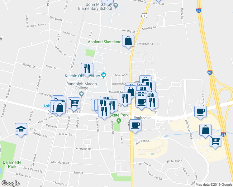map of restaurants, bars, coffee shops, grocery stores, and more near 407 Caroline Street in Ashland