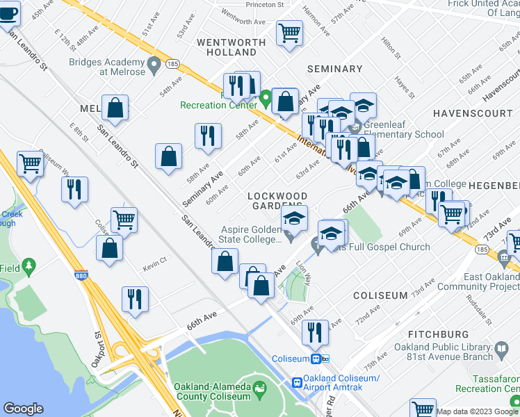 map of restaurants, bars, coffee shops, grocery stores, and more near 6228 Tevis Street in Oakland