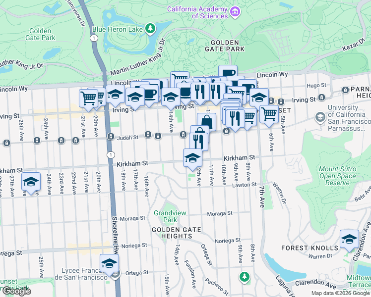 map of restaurants, bars, coffee shops, grocery stores, and more near 1451 Funston Avenue in San Francisco