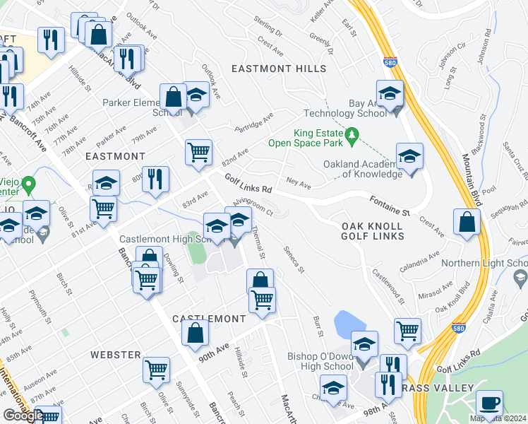 map of restaurants, bars, coffee shops, grocery stores, and more near 2700 E.C. Reems Court in Oakland