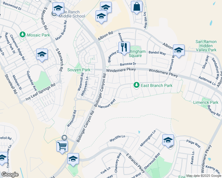 map of restaurants, bars, coffee shops, grocery stores, and more near 2331 Millenium Lane in San Ramon