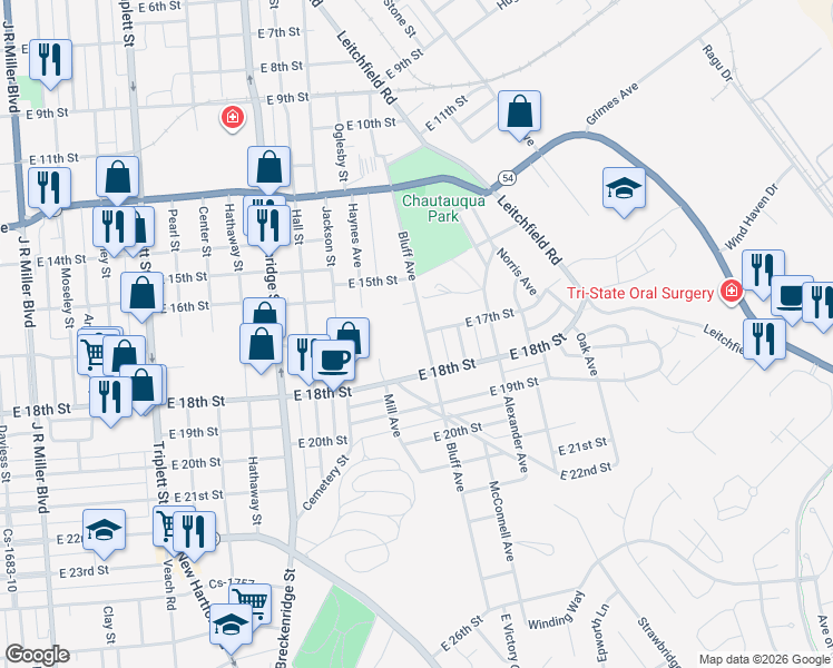 map of restaurants, bars, coffee shops, grocery stores, and more near 1632 Bluff Avenue in Owensboro