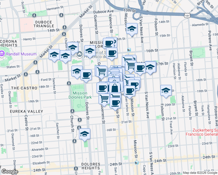 map of restaurants, bars, coffee shops, grocery stores, and more near 36 Lapidge Street in San Francisco