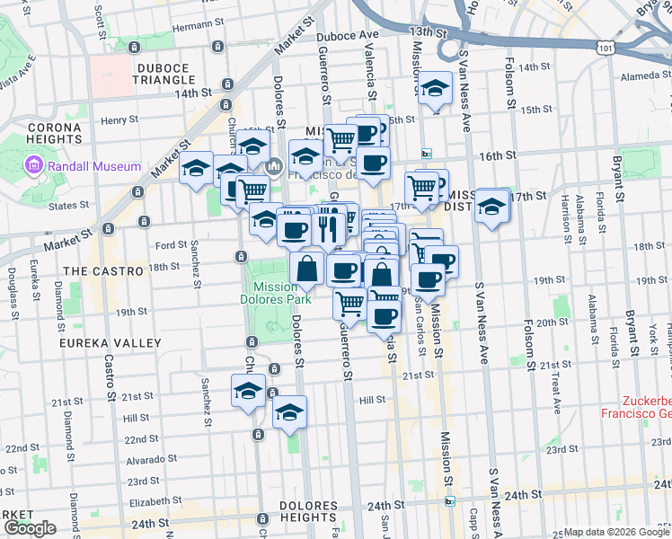 map of restaurants, bars, coffee shops, grocery stores, and more near 636 Guerrero Street in San Francisco