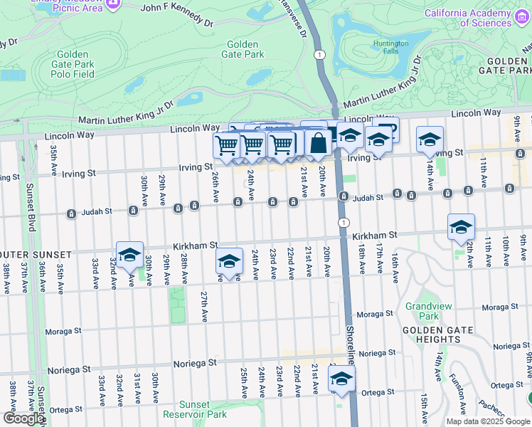 map of restaurants, bars, coffee shops, grocery stores, and more near 1423 23rd Avenue in San Francisco