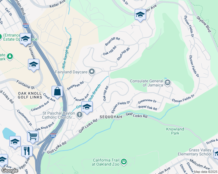 map of restaurants, bars, coffee shops, grocery stores, and more near 2 Sequoyah View Drive in Oakland