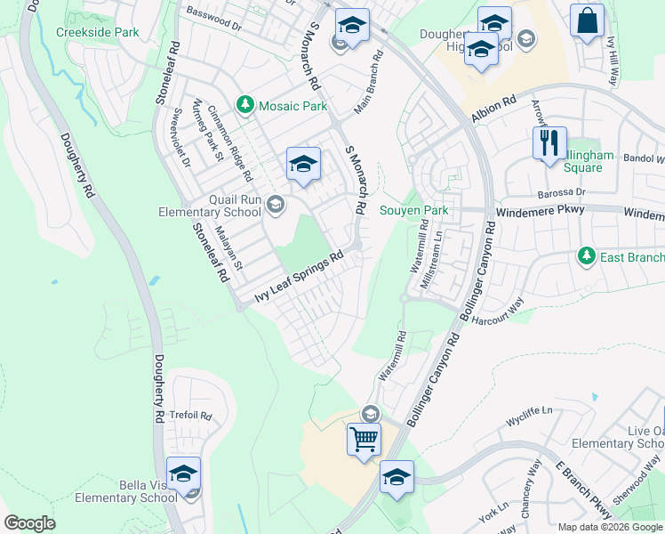 map of restaurants, bars, coffee shops, grocery stores, and more near 5130 Rowan Drive in San Ramon