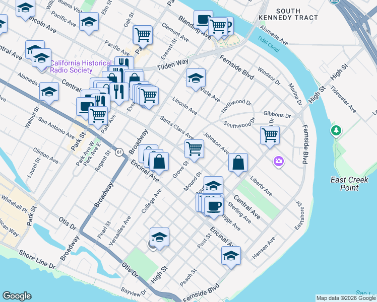 map of restaurants, bars, coffee shops, grocery stores, and more near 2823 Central Avenue in Alameda