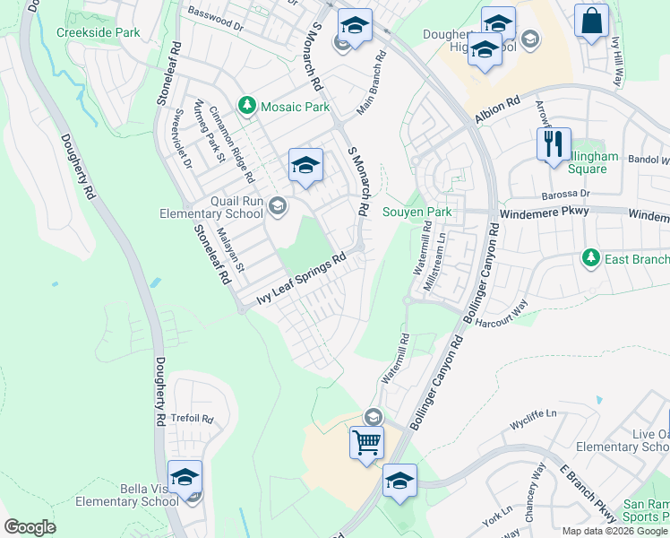 map of restaurants, bars, coffee shops, grocery stores, and more near in San Ramon