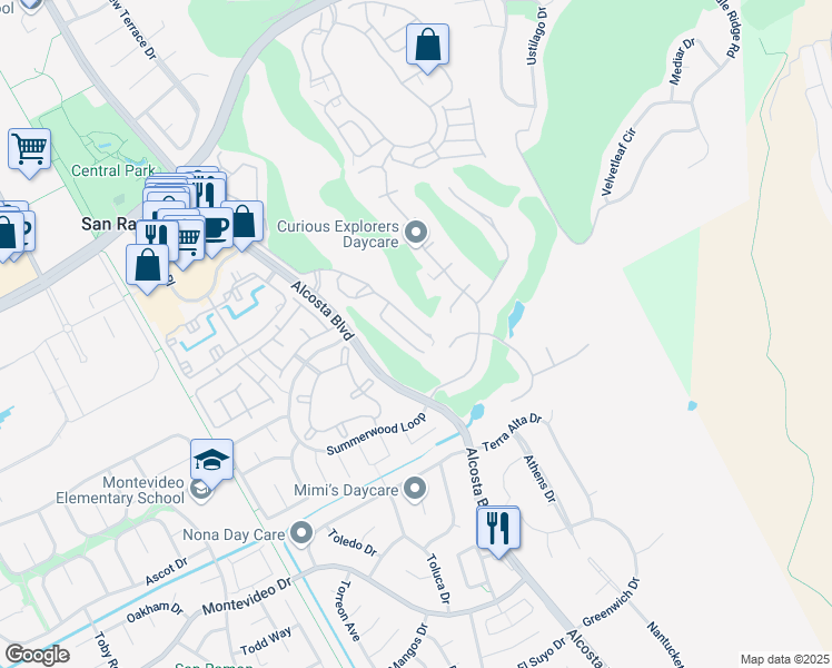 map of restaurants, bars, coffee shops, grocery stores, and more near 2000 Canyon Woods Drive in San Ramon