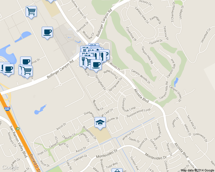 map of restaurants, bars, coffee shops, grocery stores, and more near 960 Springview Circle in San Ramon