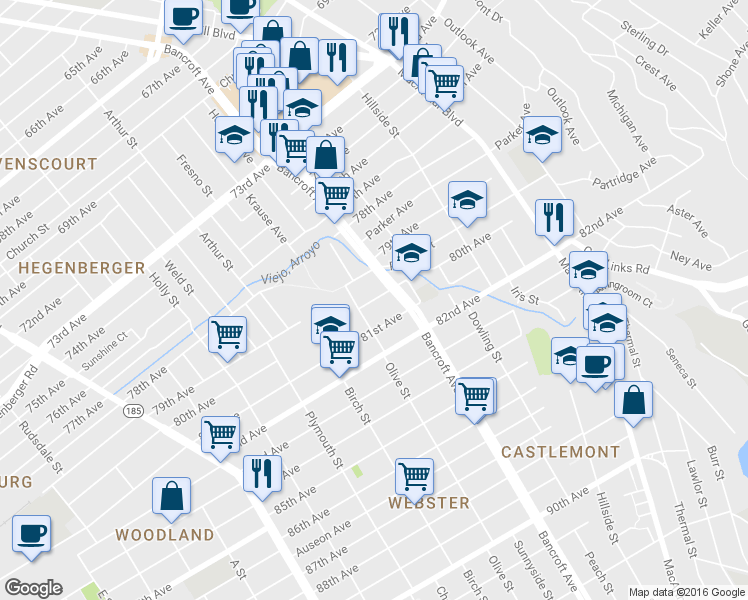 map of restaurants, bars, coffee shops, grocery stores, and more near 2056 80th Avenue in Oakland