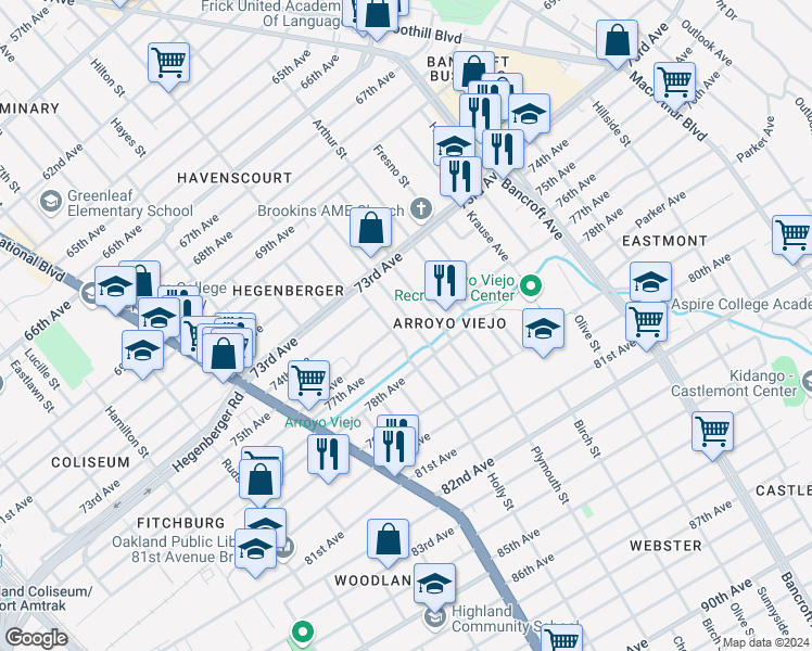 map of restaurants, bars, coffee shops, grocery stores, and more near 7514 Holly Street in Oakland