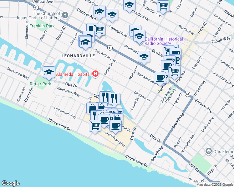map of restaurants, bars, coffee shops, grocery stores, and more near 867 Walnut Street in Alameda
