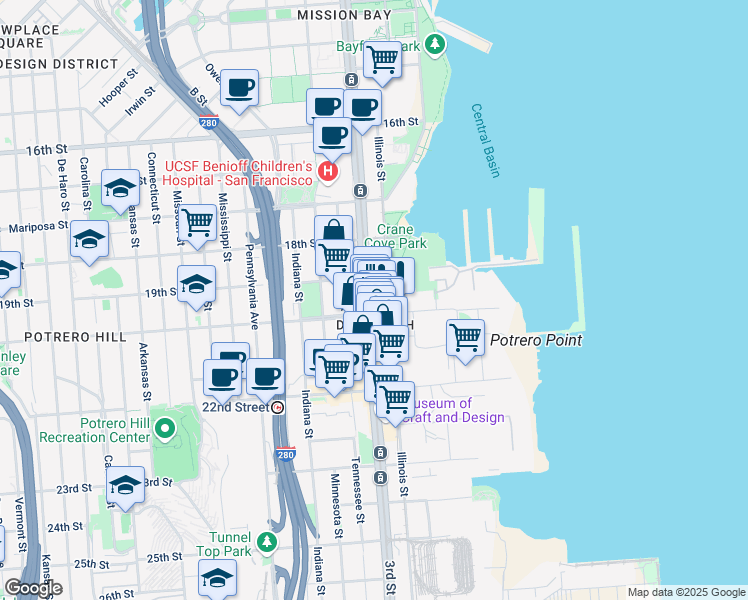 map of restaurants, bars, coffee shops, grocery stores, and more near 886 Illinois Street in San Francisco
