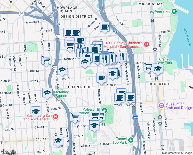 map of restaurants, bars, coffee shops, grocery stores, and more near 406 Arkansas Street in San Francisco