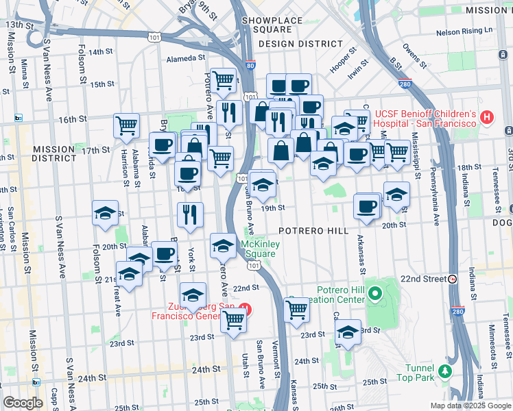 map of restaurants, bars, coffee shops, grocery stores, and more near 2214 19th Street in San Francisco