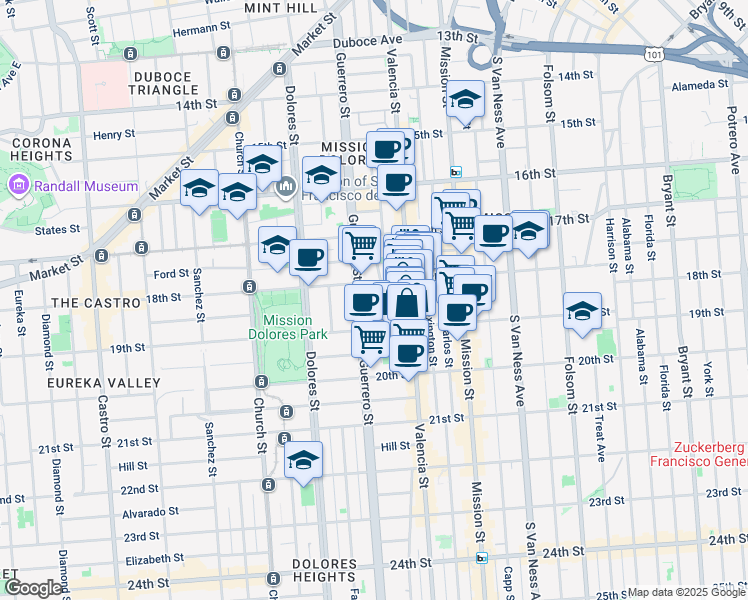 map of restaurants, bars, coffee shops, grocery stores, and more near 36 Lapidge Street in San Francisco