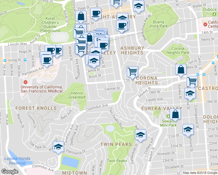 map of restaurants, bars, coffee shops, grocery stores, and more near 649 Belvedere Street in San Francisco