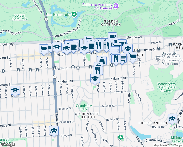map of restaurants, bars, coffee shops, grocery stores, and more near 1451 Funston Avenue in San Francisco