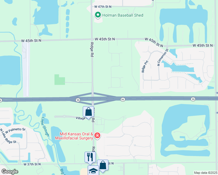 map of restaurants, bars, coffee shops, grocery stores, and more near Kansas 96 in Wichita