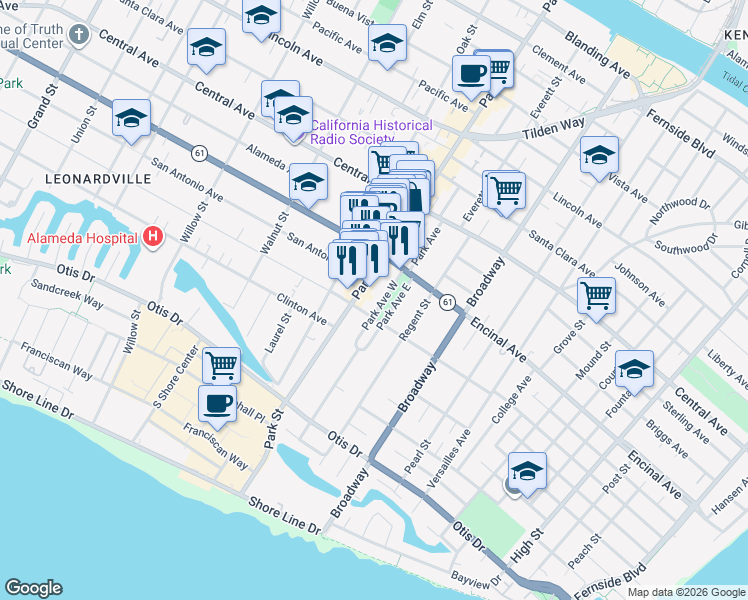 map of restaurants, bars, coffee shops, grocery stores, and more near 1213 Park Avenue in Alameda