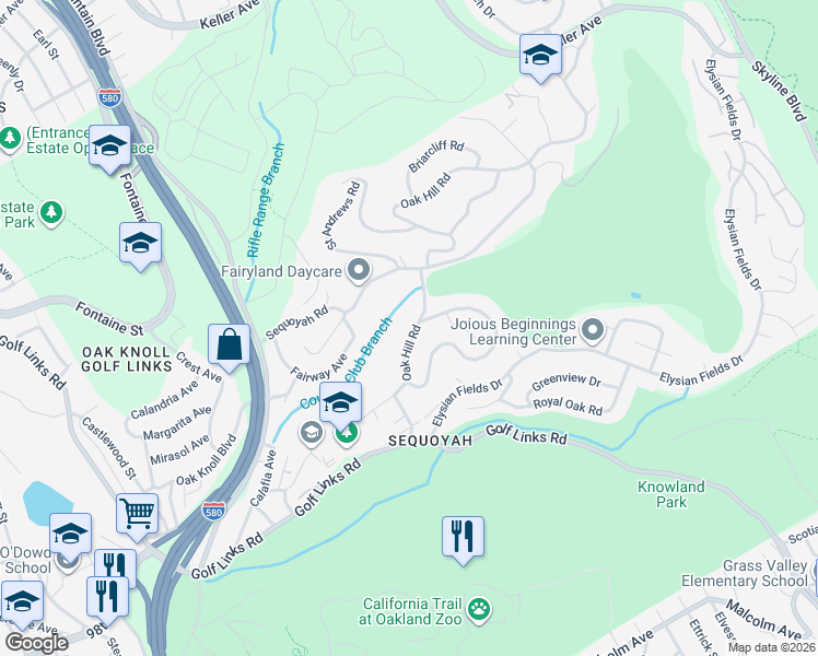 map of restaurants, bars, coffee shops, grocery stores, and more near 4091 Oak Hill Road in Oakland