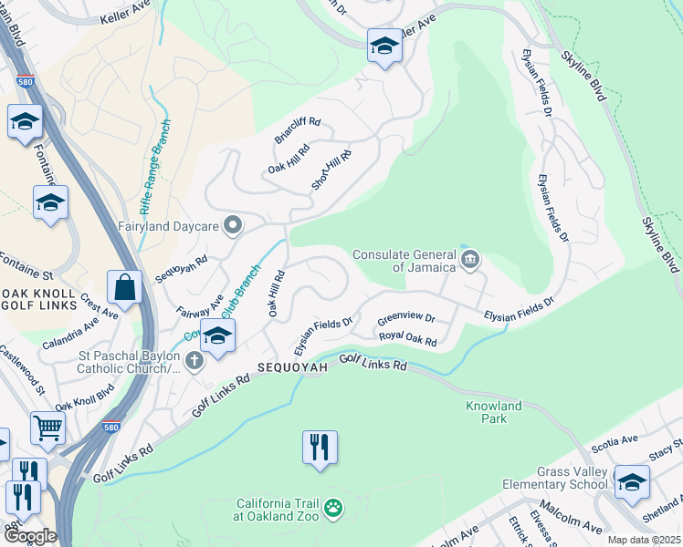 map of restaurants, bars, coffee shops, grocery stores, and more near 112 Sequoyah View Drive in Oakland