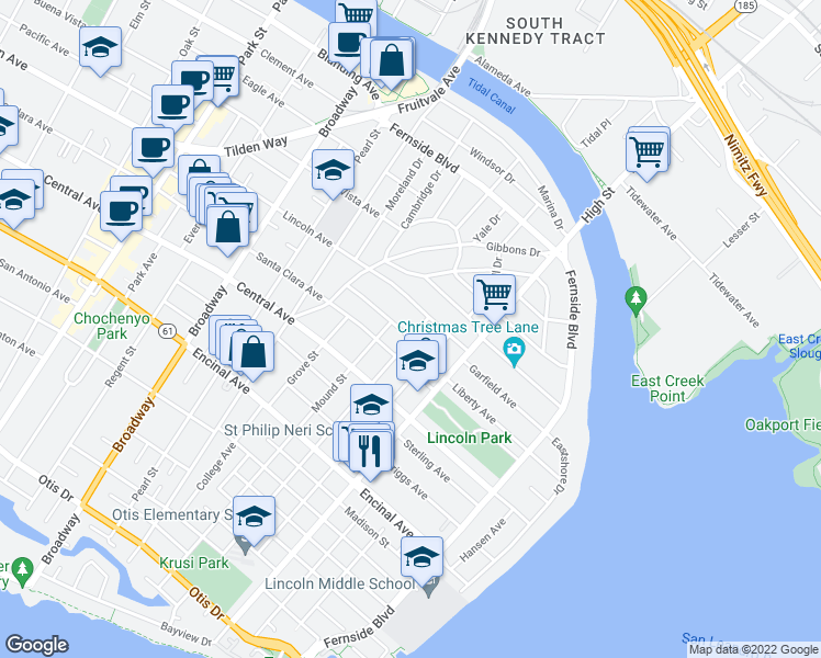 map of restaurants, bars, coffee shops, grocery stores, and more near 1529 Court Street in Alameda