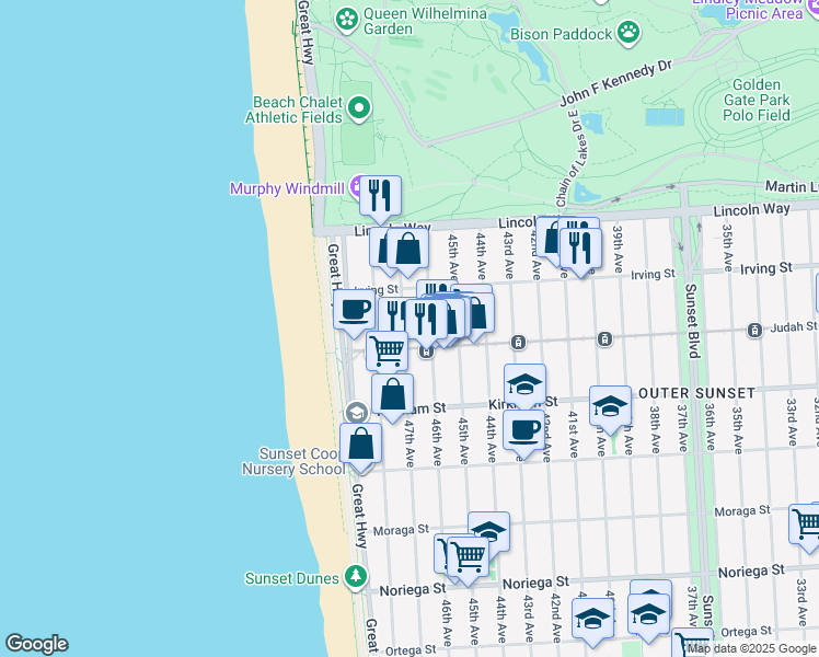 map of restaurants, bars, coffee shops, grocery stores, and more near 1371 46th Avenue in San Francisco