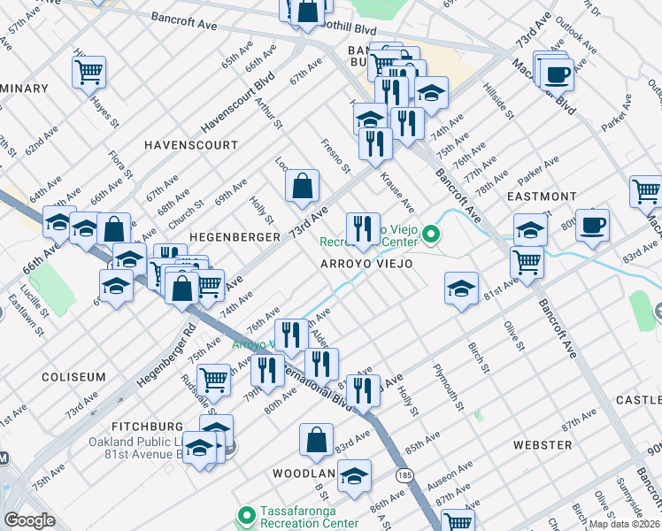 map of restaurants, bars, coffee shops, grocery stores, and more near 7514 Holly Street in Oakland
