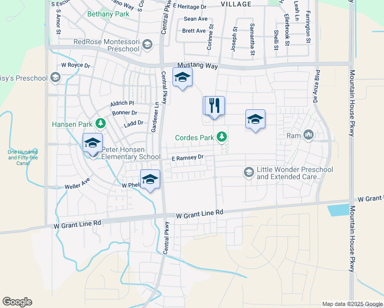 map of restaurants, bars, coffee shops, grocery stores, and more near 107 East Ramsey Drive in Tracy