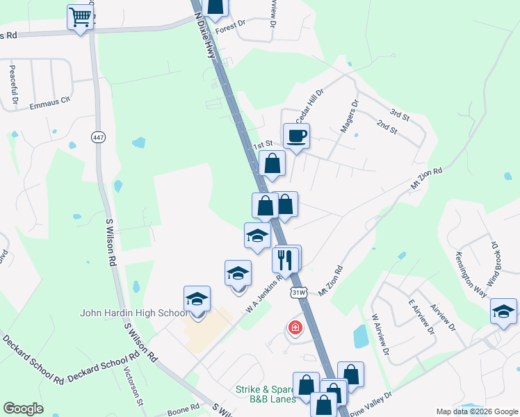 map of restaurants, bars, coffee shops, grocery stores, and more near 5293-5361 Dixie Highway South in Elizabethtown