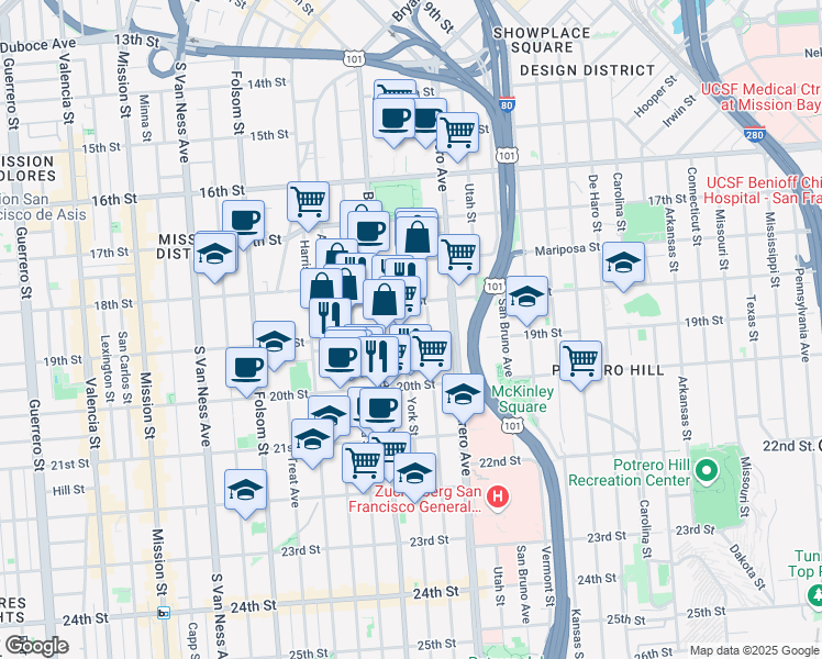 map of restaurants, bars, coffee shops, grocery stores, and more near 625 York Street in San Francisco