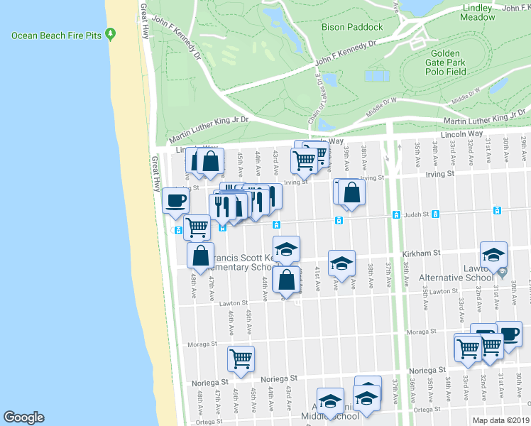 map of restaurants, bars, coffee shops, grocery stores, and more near 1374 44th Avenue in San Francisco