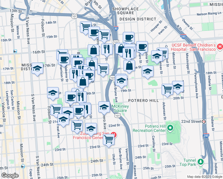 map of restaurants, bars, coffee shops, grocery stores, and more near 2334 19th Street in San Francisco