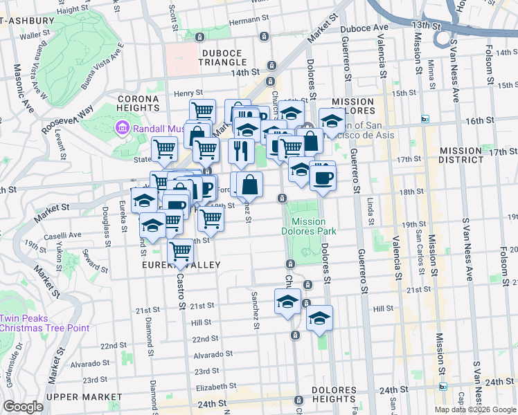 map of restaurants, bars, coffee shops, grocery stores, and more near 3875 18th Street in San Francisco