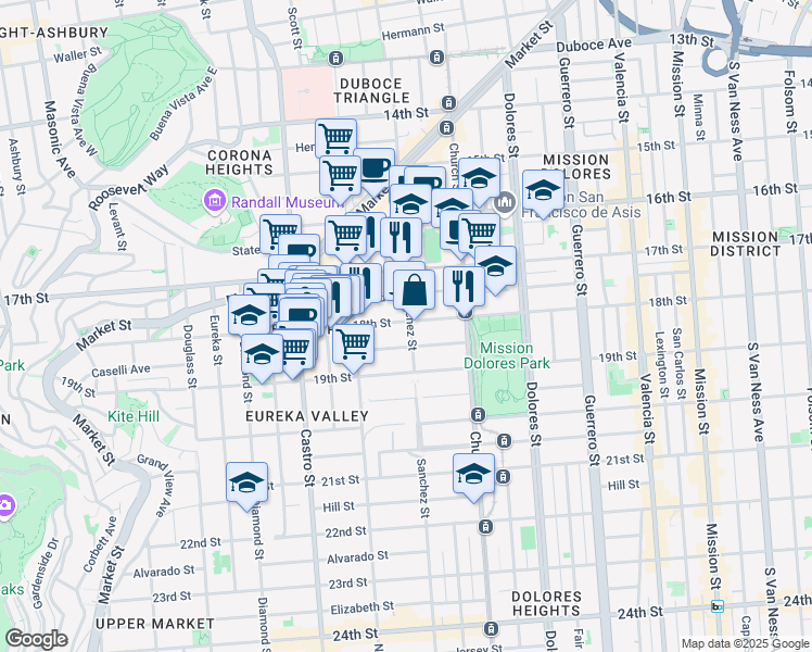 map of restaurants, bars, coffee shops, grocery stores, and more near 3935 18th Street in San Francisco