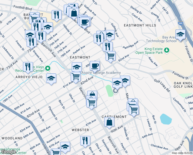 map of restaurants, bars, coffee shops, grocery stores, and more near 2342 82nd Avenue in Oakland
