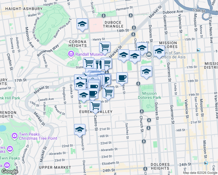 map of restaurants, bars, coffee shops, grocery stores, and more near 18th Street & Noe Street in San Francisco