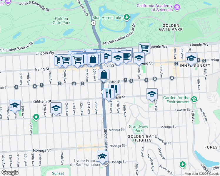 map of restaurants, bars, coffee shops, grocery stores, and more near 1437 18th Ave in San Francisco