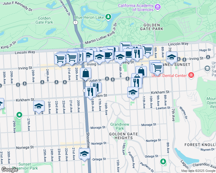 map of restaurants, bars, coffee shops, grocery stores, and more near 1442 16th Avenue in San Francisco