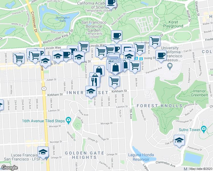 map of restaurants, bars, coffee shops, grocery stores, and more near 1457 10th Avenue in San Francisco