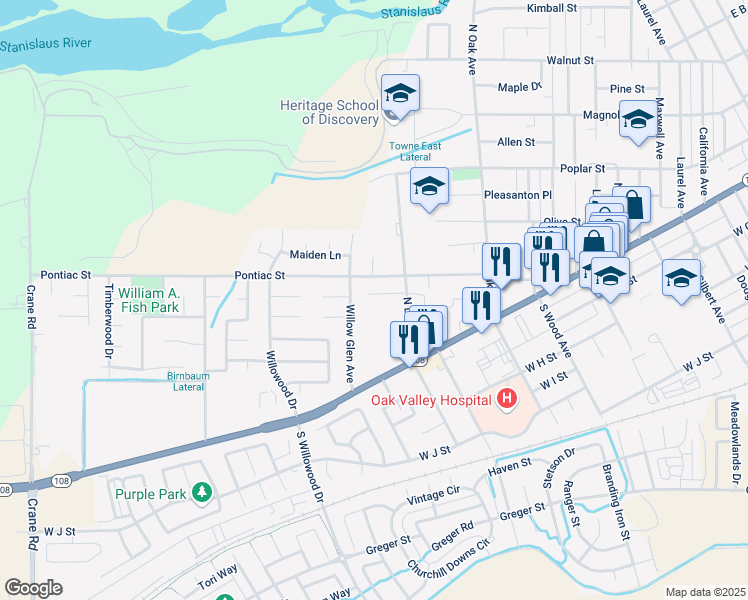 map of restaurants, bars, coffee shops, grocery stores, and more near 1675 Valmor Court in Oakdale